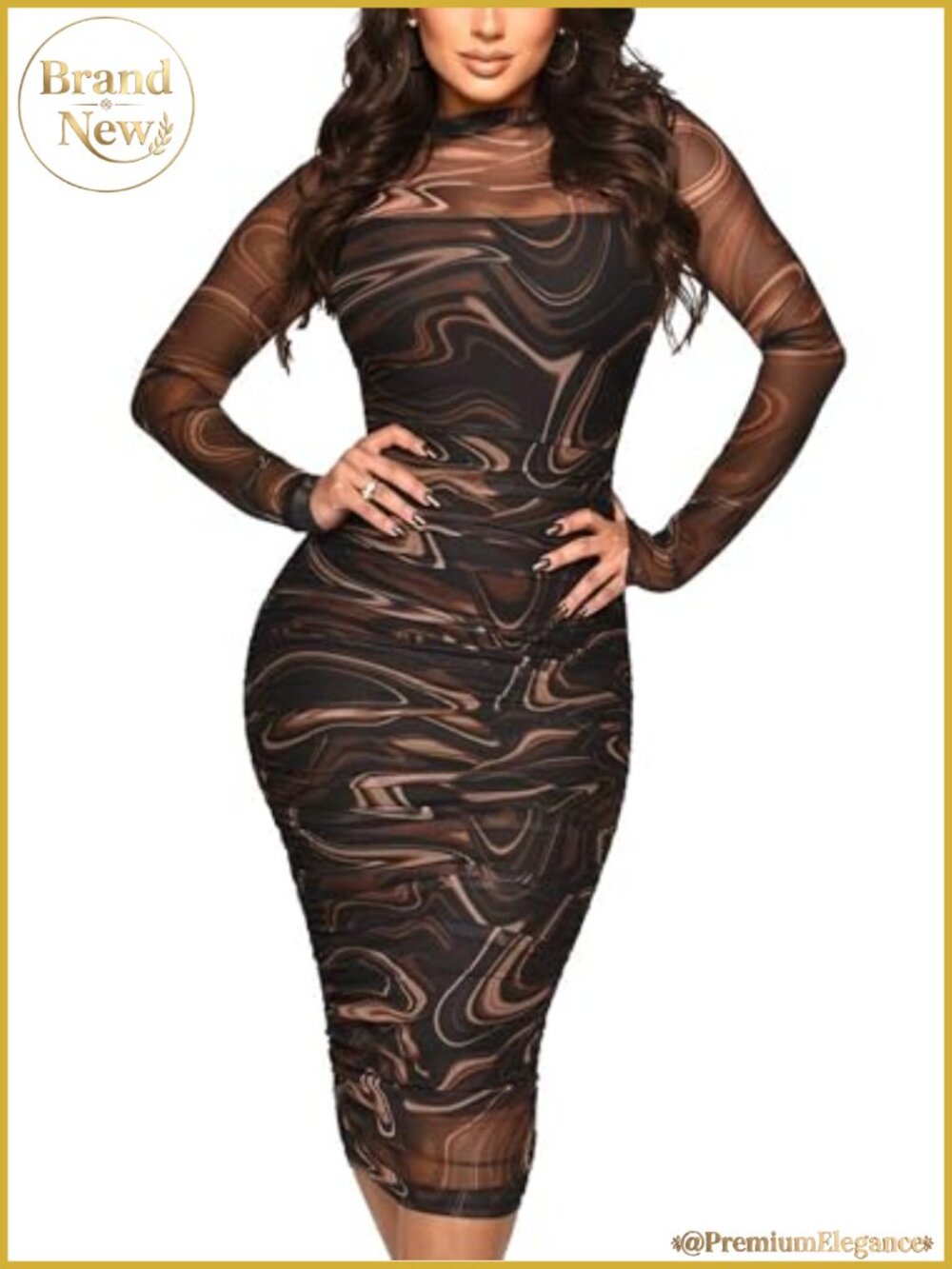 Women's Sheer Mesh Long Sleeve Bodycon Midi Dress 2 Piece Set Club Night Out